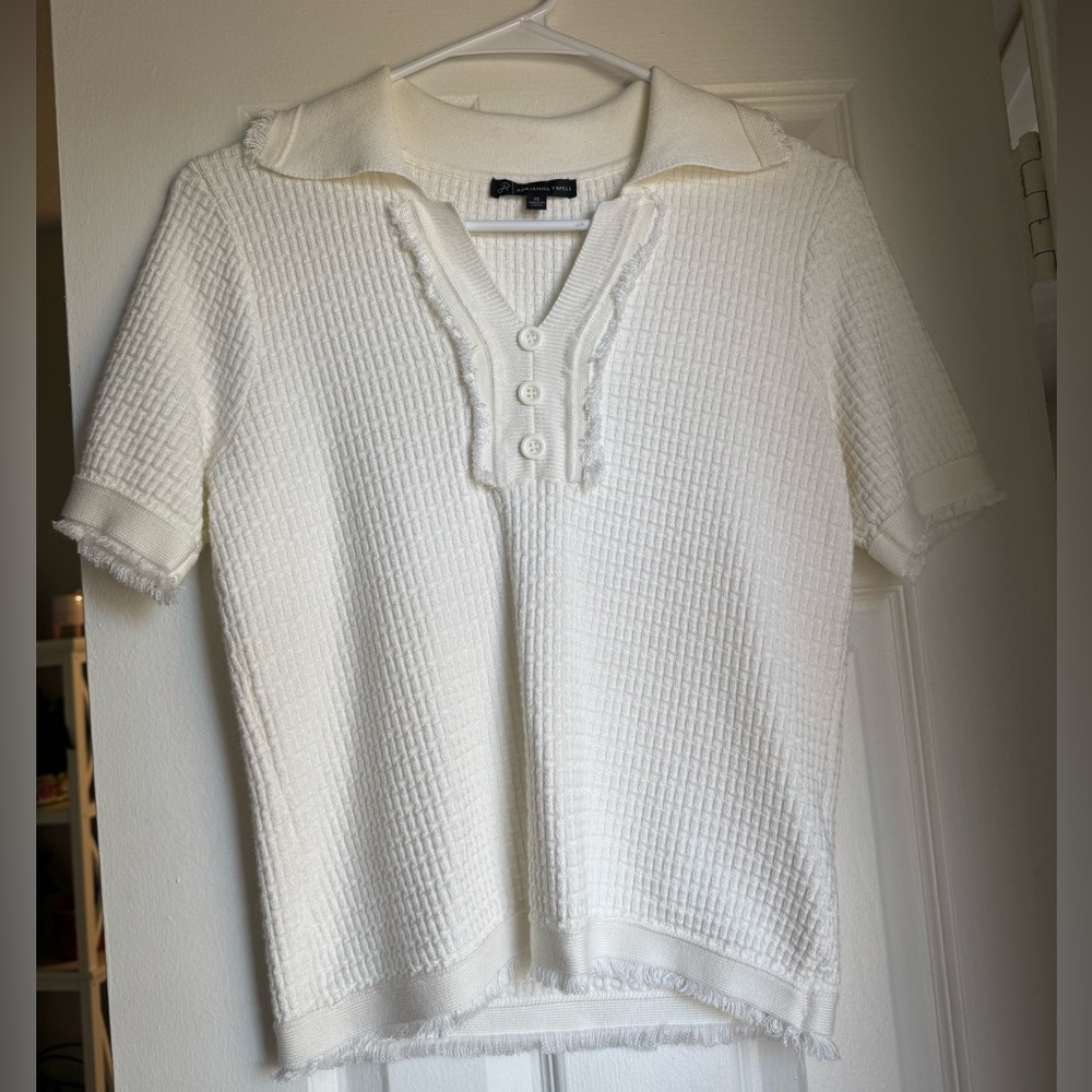 Adrianna Papell White Textured Quarter Button Down Shirt